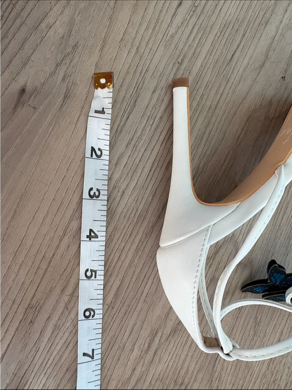 I adore White Ankle-Tie Heels with Blue and Black Butterfly Accents laceup